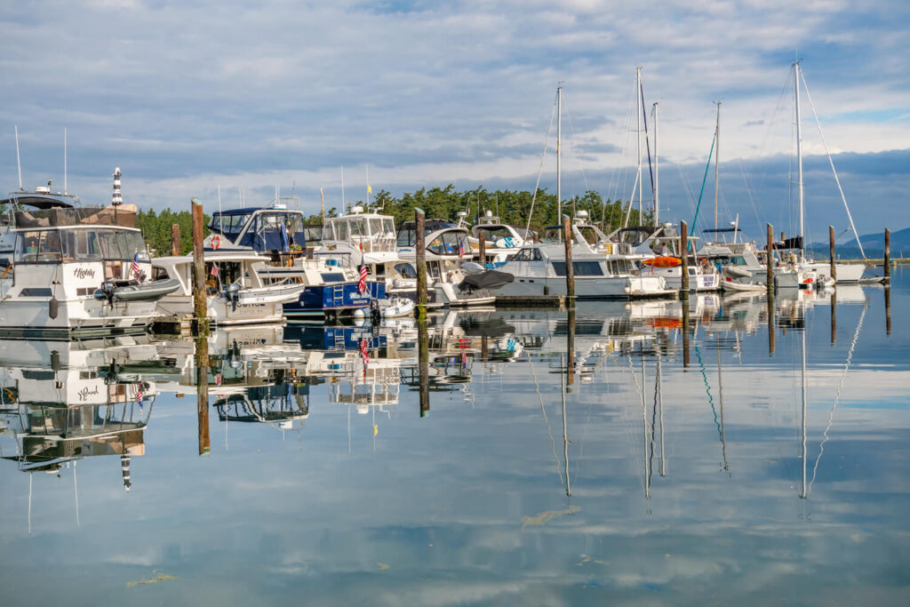 Boats in slips at Lopez Island Marina.