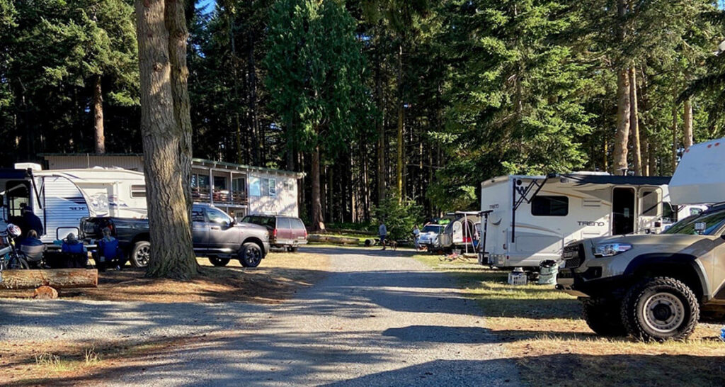 Lopez campground with tent and RV sites with water and electric hookups plus access to resort amenities.